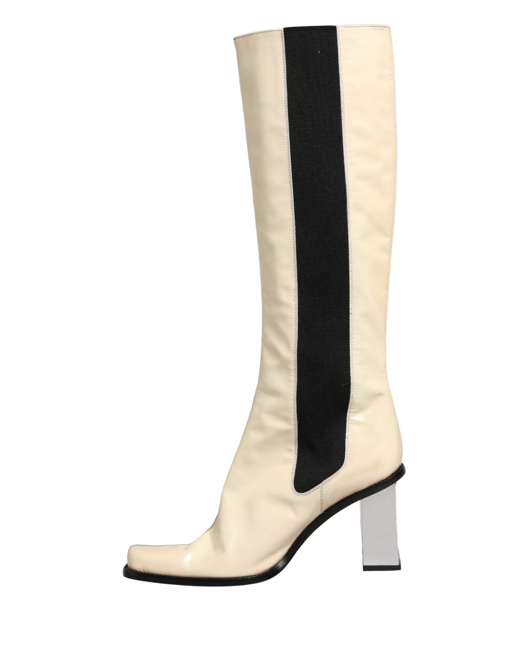 Bottes hautes en cuir blanc et noir de Dolce & Gabbana, chaussures élégantes en cuir pour femmes.