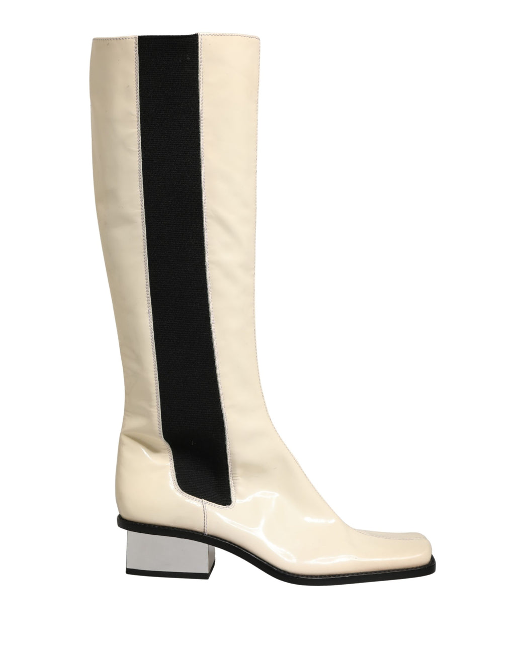 Bottes hautes en cuir blanc et noir de Dolce & Gabbana, détail en cuir, semelle élégante, pour femme.