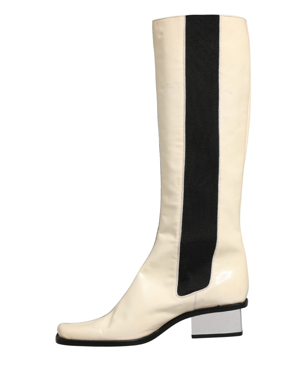 Bottes en cuir noir et blanc Dolce & Gabbana, hautes au genou, chaussures élégantes pour femme.
