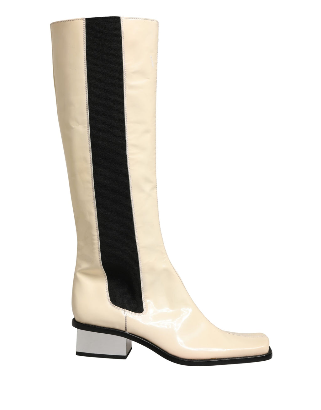 Bottes en cuir noir et blanc Dolce & Gabbana, bottes hautes jusqu'au genou, chaussures élégantes en cuir pour femmes.