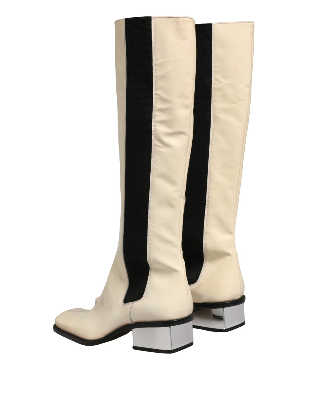 Bottes hautes en cuir blanc et noir de Dolce & Gabbana, chaussures élégantes en cuir pour femmes.