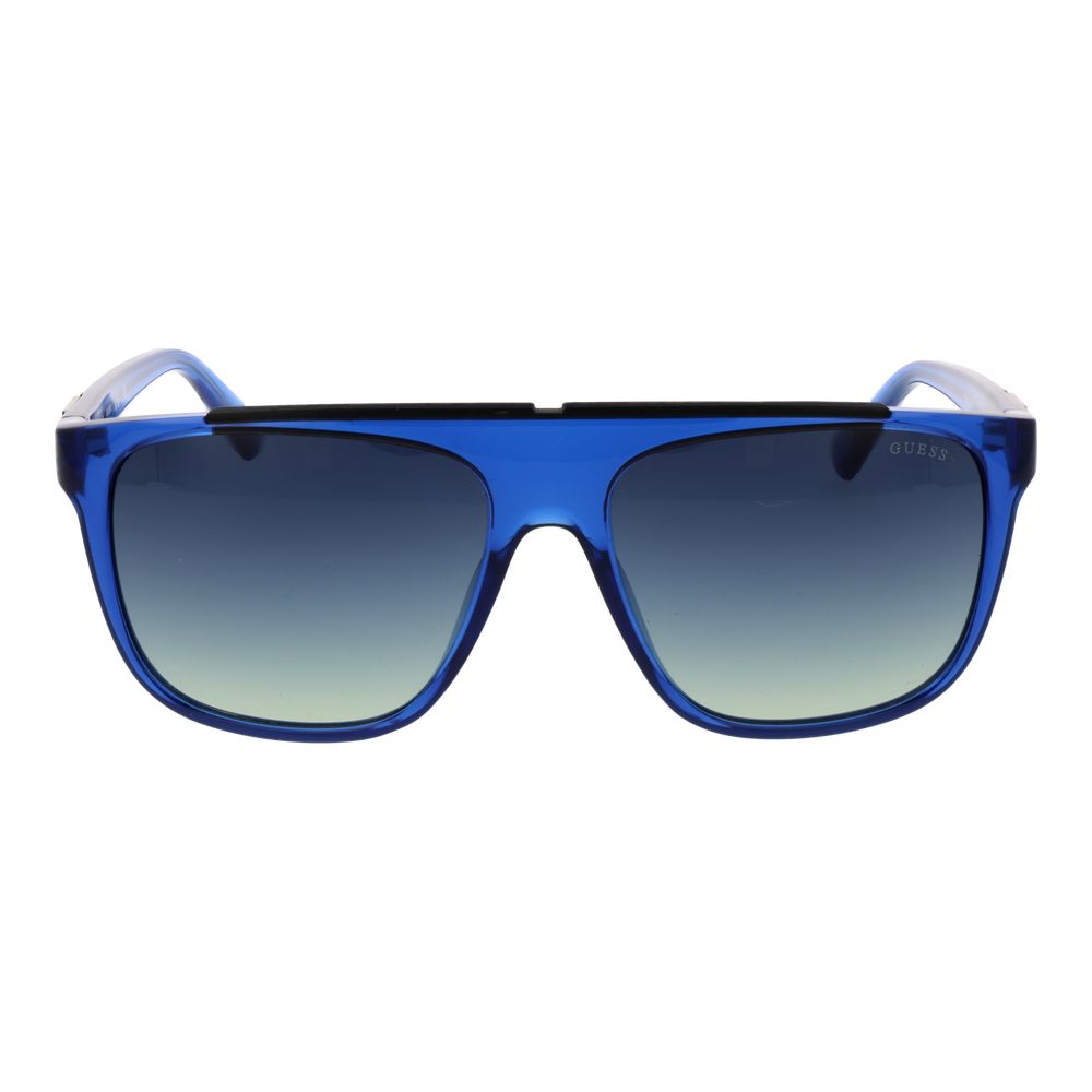 Lunettes de soleil Guess en acier inoxydable bleue avec monture rectangulaire et verres teintés, élégantes et modernes.