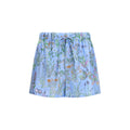 Shorts Bermuda en soie bleue de Gucci, coupe décontractée avec logo Gucci visible sur la ceinture, élégance et confort.