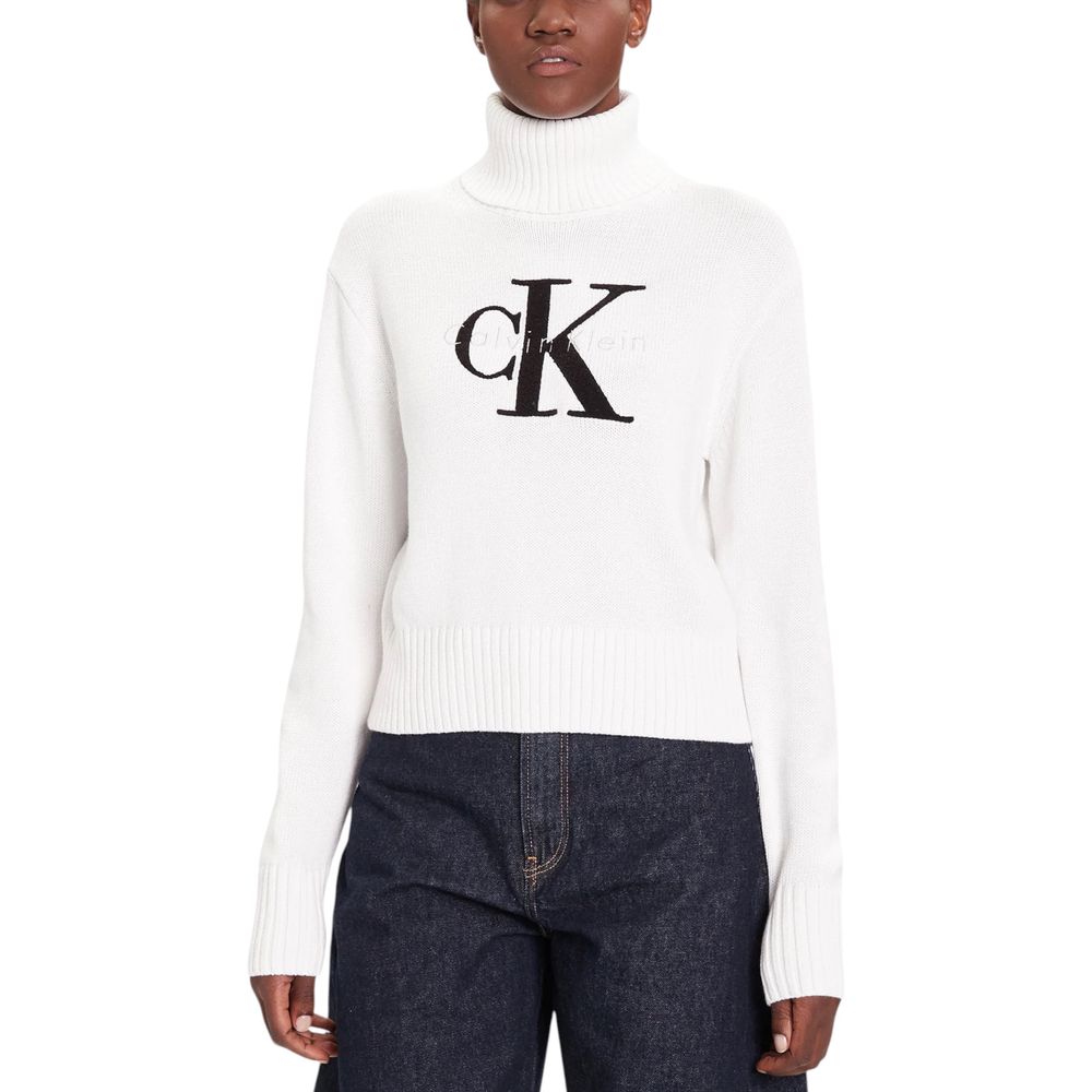 Pull à col roulé en coton blanc de Calvin Klein Jeans, vue de face, tissu doux et élégant pour un style classique.