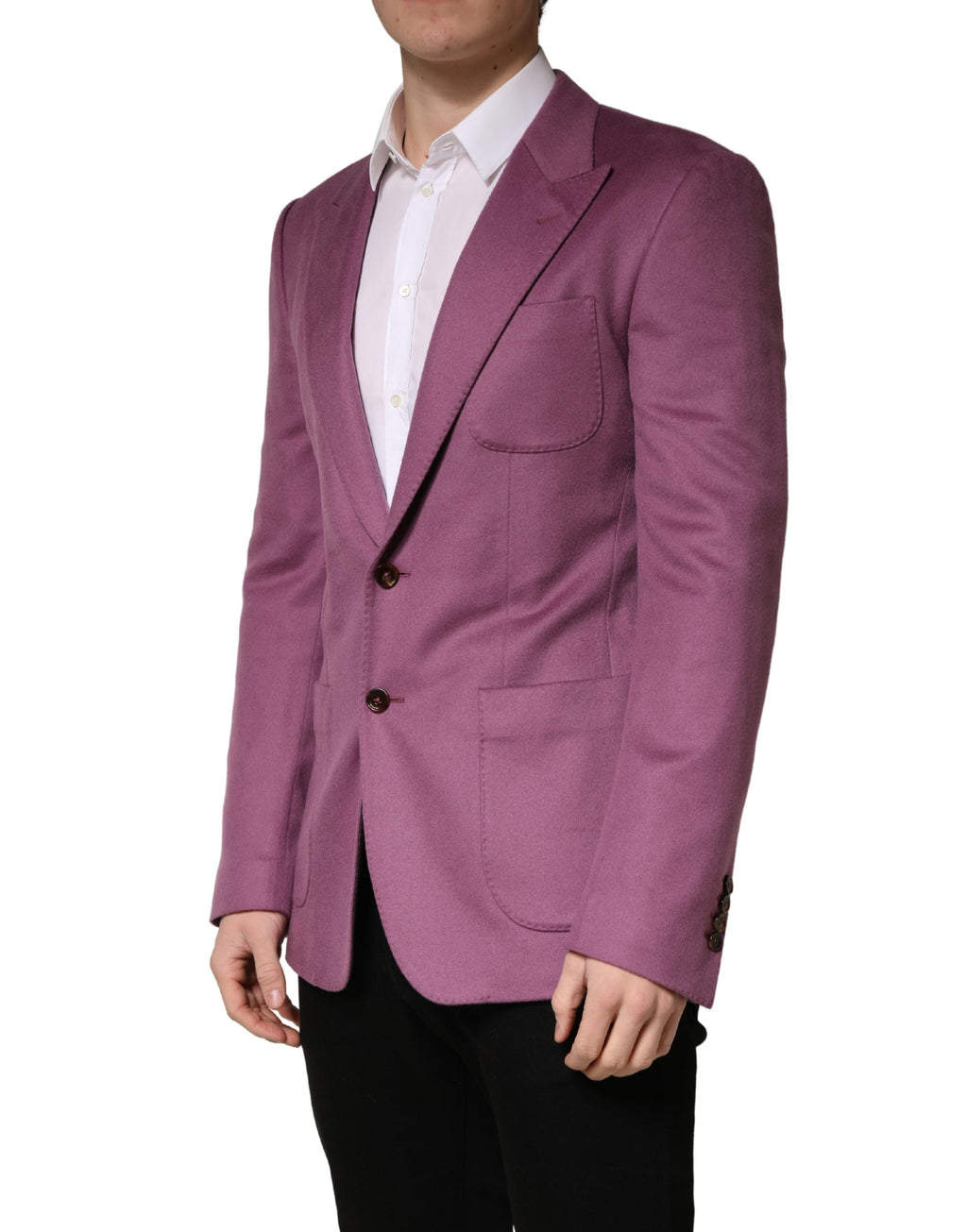 Manteau blazer en cachemire violet Dolce & Gabbana, coupe slim fit, élégant et chaud, porté sur un mannequin.