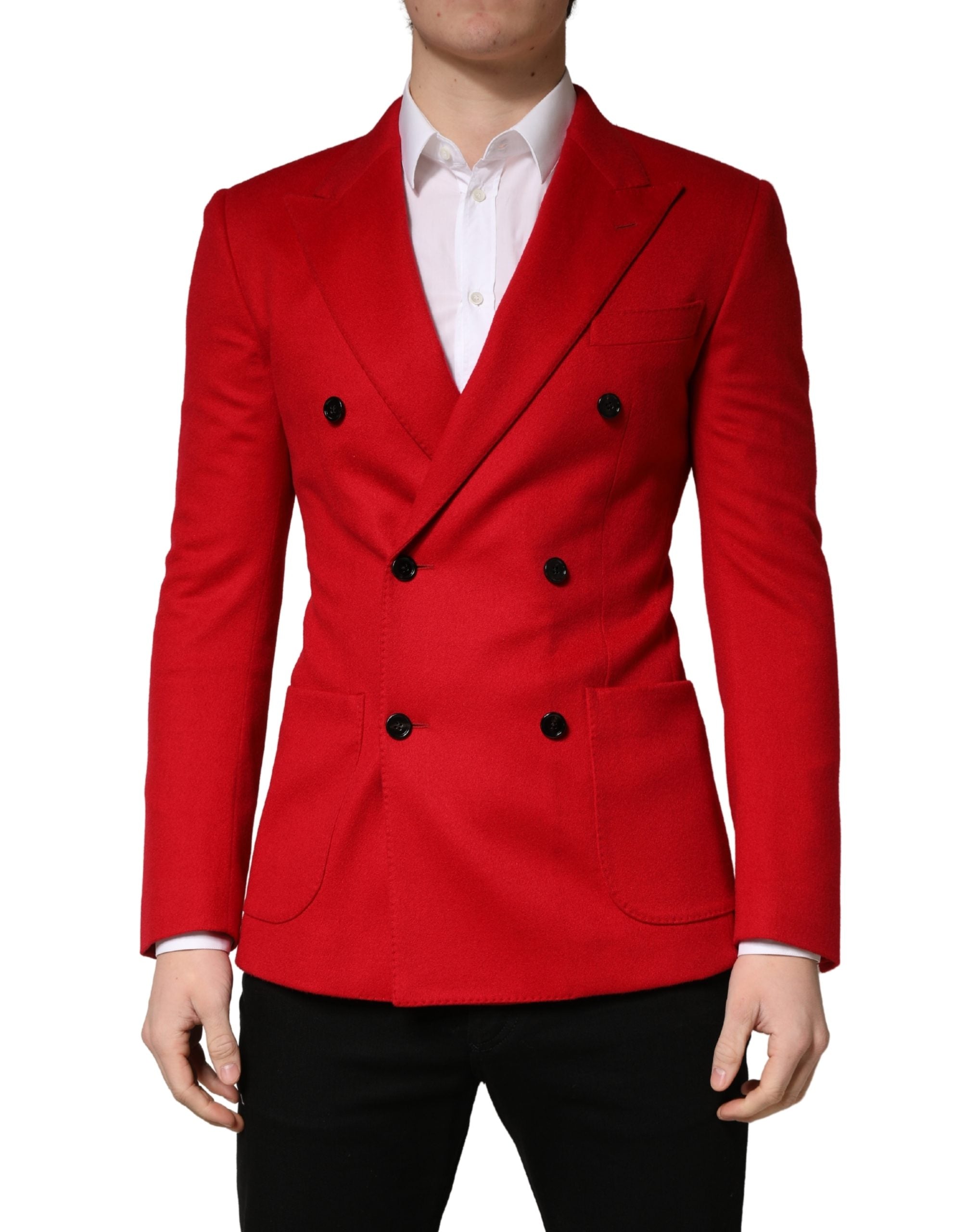Veste blazer en cachemire rouge Dolce & Gabbana, coupe slim fit, élégante et sophistiquée, vue de face sur mannequin.