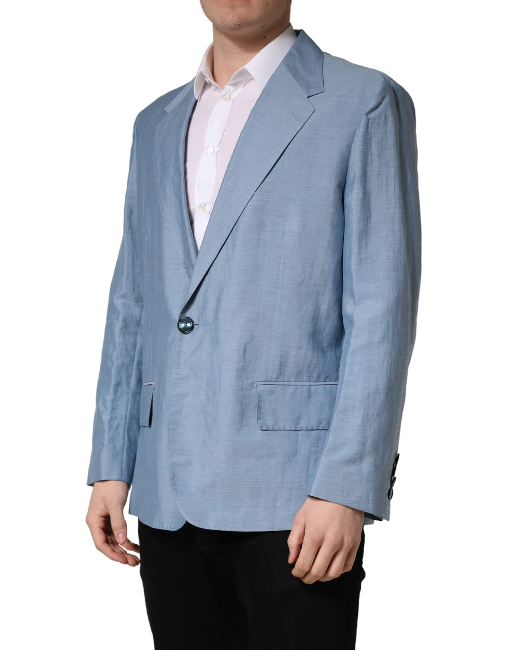 Veste blazer homme Dolce & Gabbana Light Blue à simple boutonnage, coupe élégante, tissu tendance, vue de face.