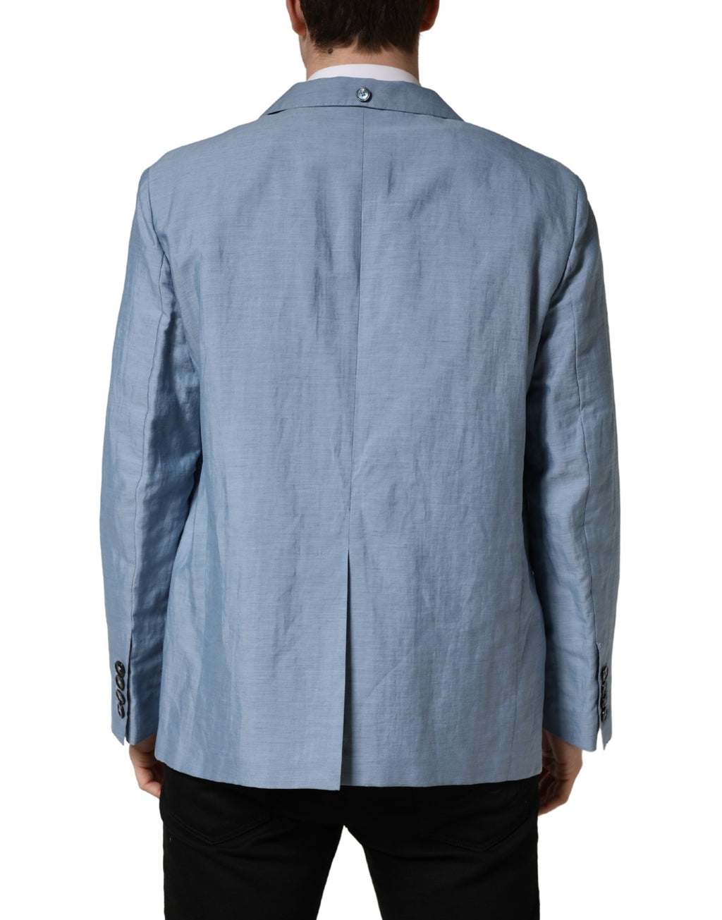 Veste blazer homme Dolce & Gabbana Light Blue, coupe simple, en tissu léger, vue de face sur fond blanc.