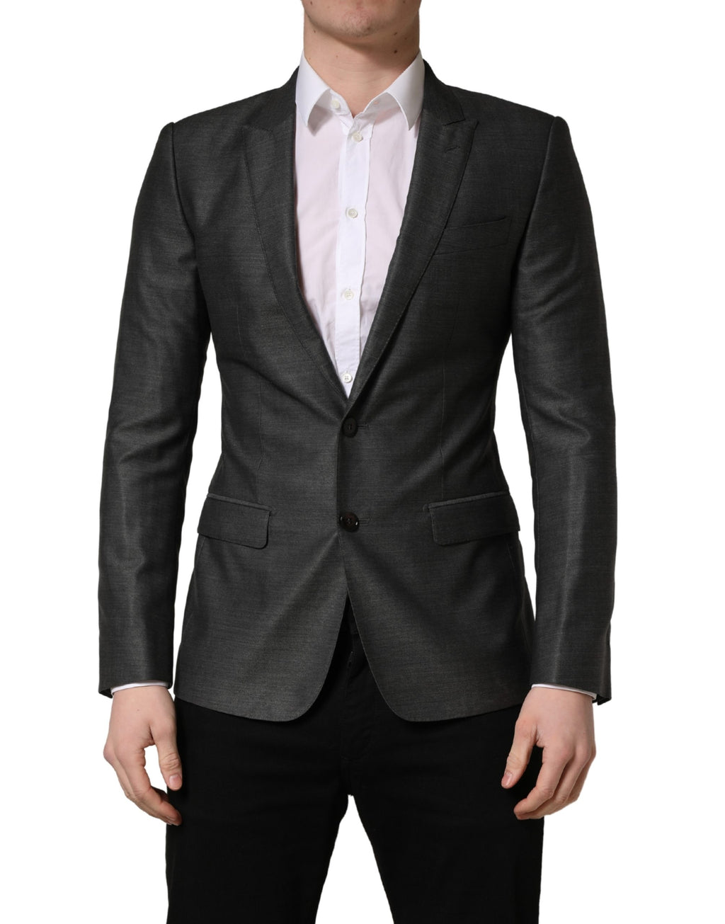 Manteau blazer gris foncé en laine Dolce & Gabbana, coupe slim ajustée, visible sur un mannequin.