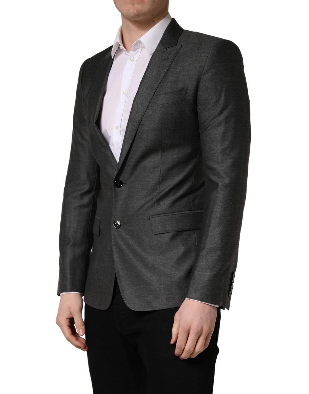 Veste blazer en laine gris foncé Dolce & Gabbana, coupe slim fit, élégante et sophistiquée, vue de face sur mannequin.