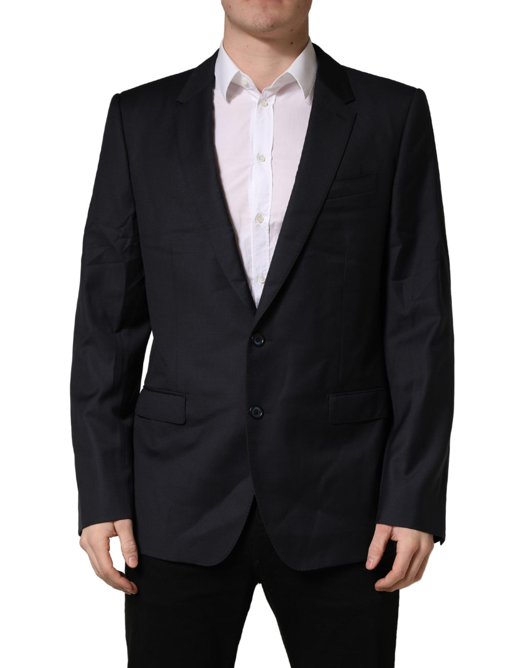 Manteau homme noir en laine Dolce & Gabbana, coupe slim, veste blazer élégante avec col classique et fermeture boutonnée.