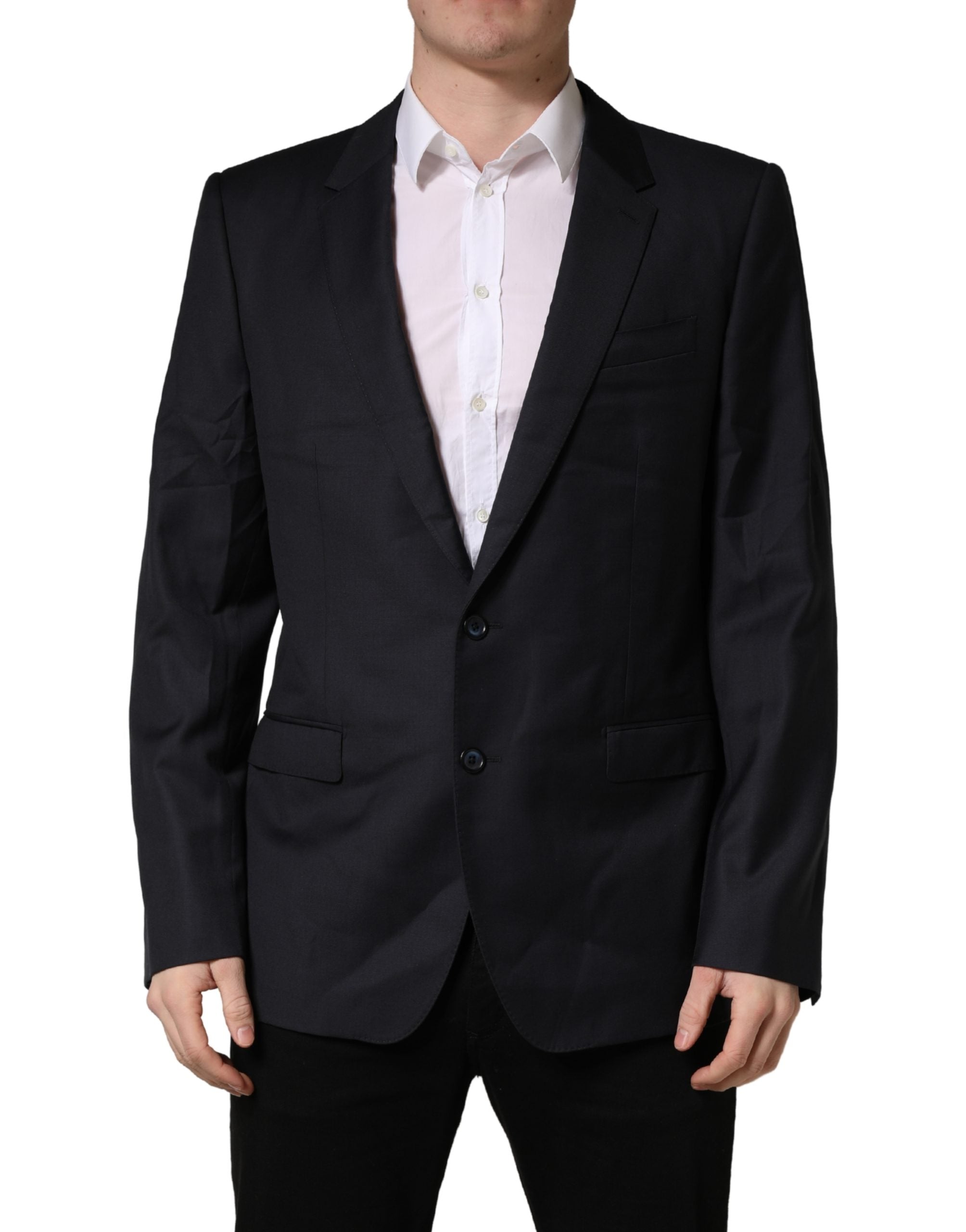 Manteau homme noir en laine Dolce & Gabbana, coupe slim, veste blazer élégante avec col classique et fermeture boutonnée.