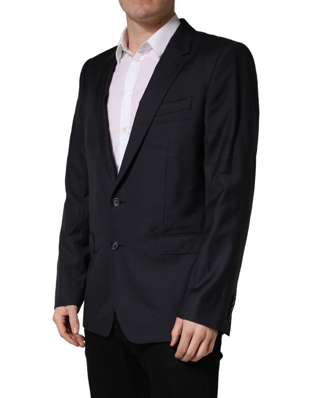 Manteau homme Dolce & Gabbana en laine noire, coupe slim, veste blazer élégante avec col classique et boutons.