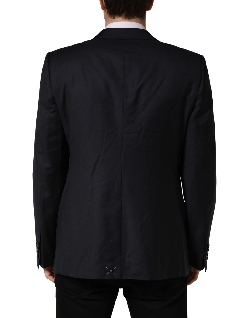 Manteau en laine noire Dolce & Gabbana, coupe slim pour homme, veste blazer élégante et ajustée, mode masculine sophistiquée.