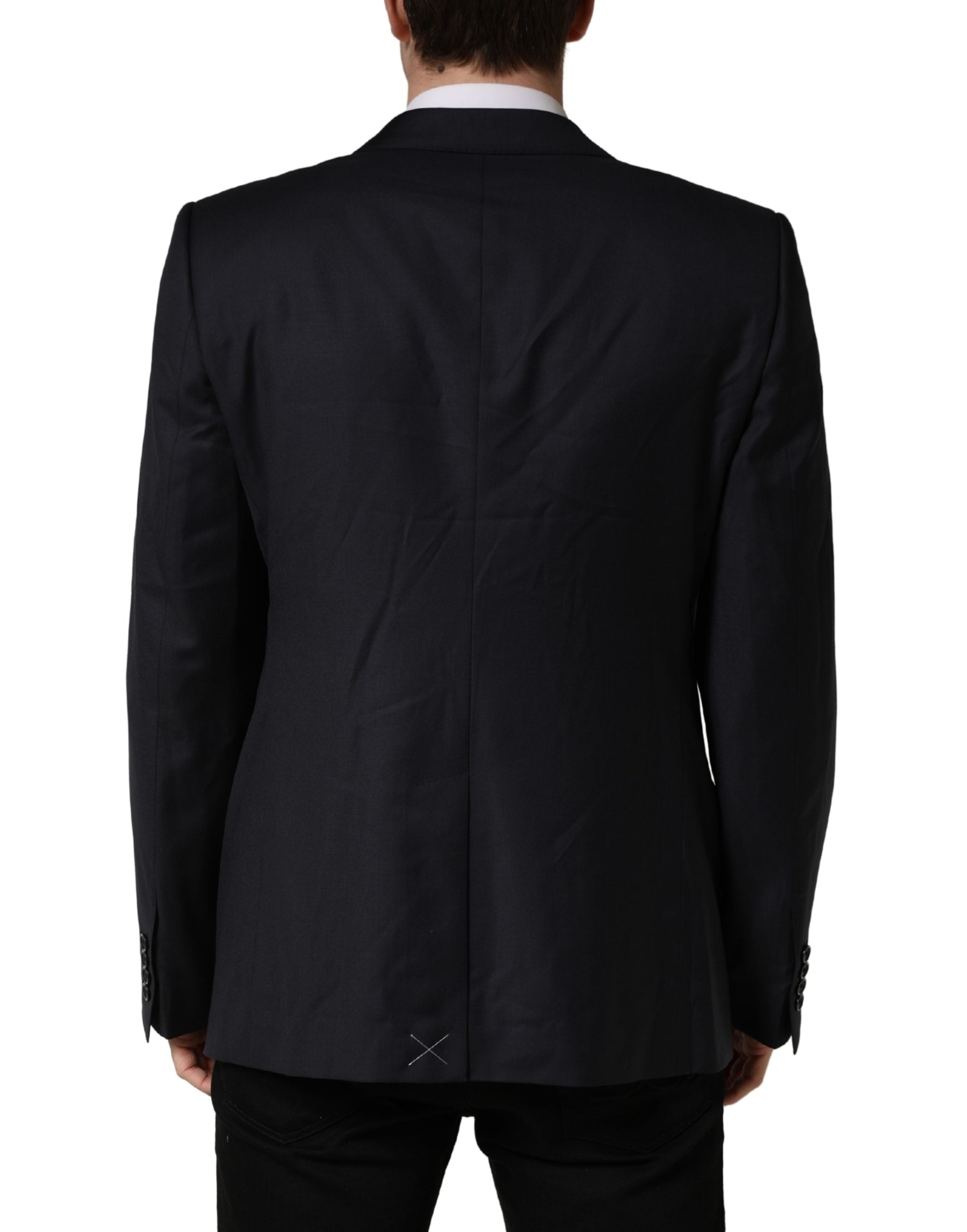 Manteau en laine noire Dolce & Gabbana, coupe slim pour homme, veste blazer élégante et ajustée, mode masculine sophistiquée.