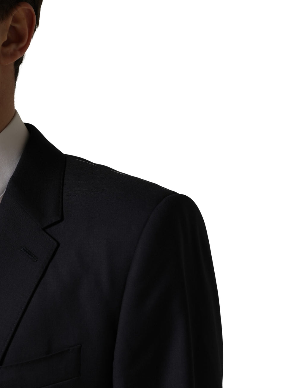 Manteau homme noir en laine Dolce & Gabbana, coupe slim, veste blazer élégante avec col et poches visibles.