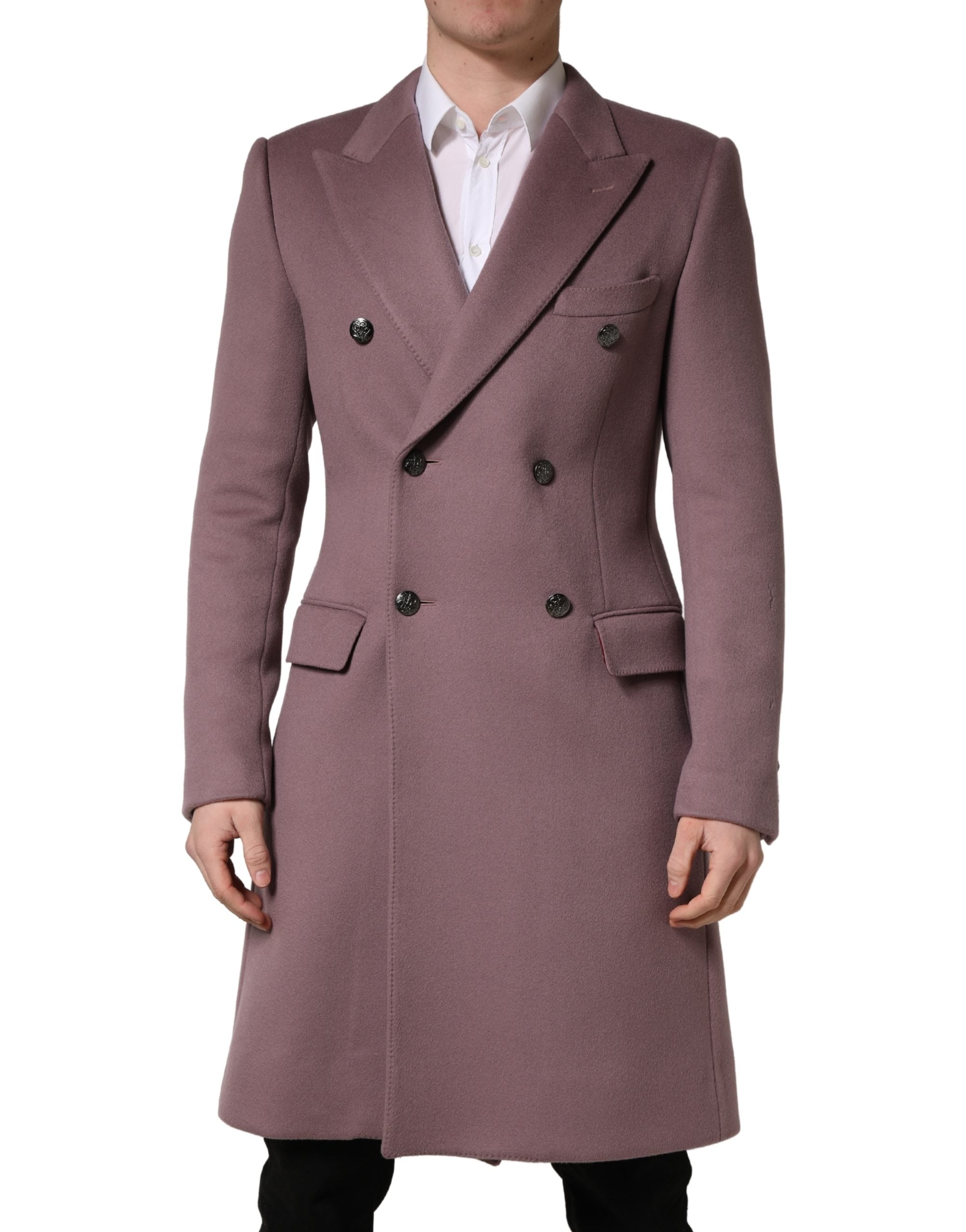 Manteau trench homme double boutonnage marron Dolce & Gabbana, veste élégante en tissu solide avec col et poches latérales.