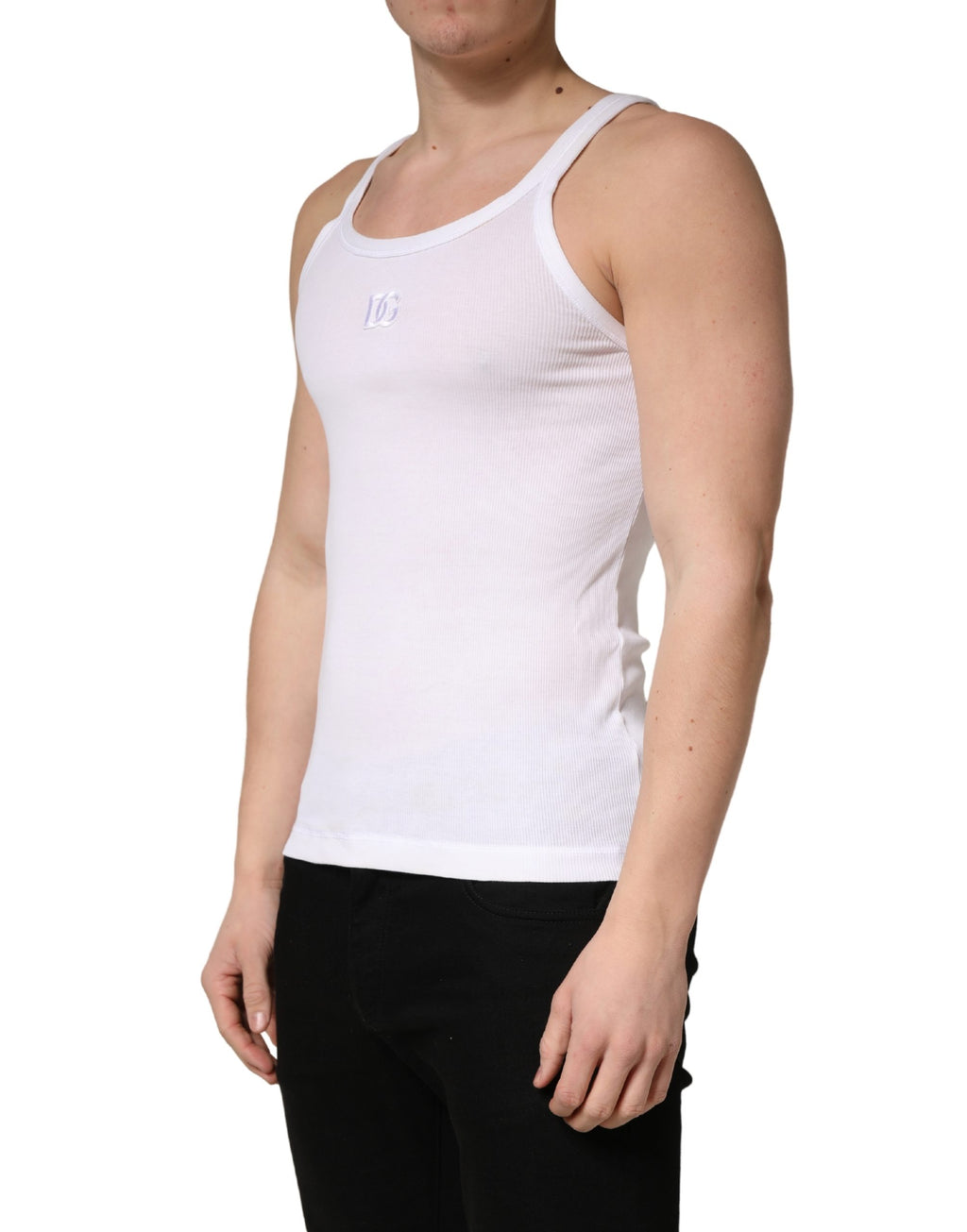 T-shirt sans manches en coton côtelé blanc de Dolce & Gabbana, vue de face, détails du tissu et coupe ajustée visible.