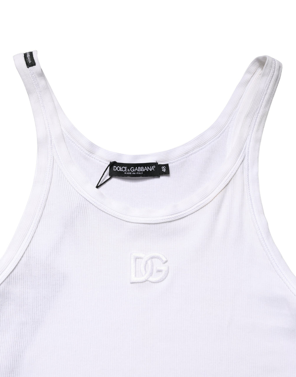 T-shirt sans manches en coton côtelé blanc de Dolce & Gabbana, vue de face, élégant et décontracté.