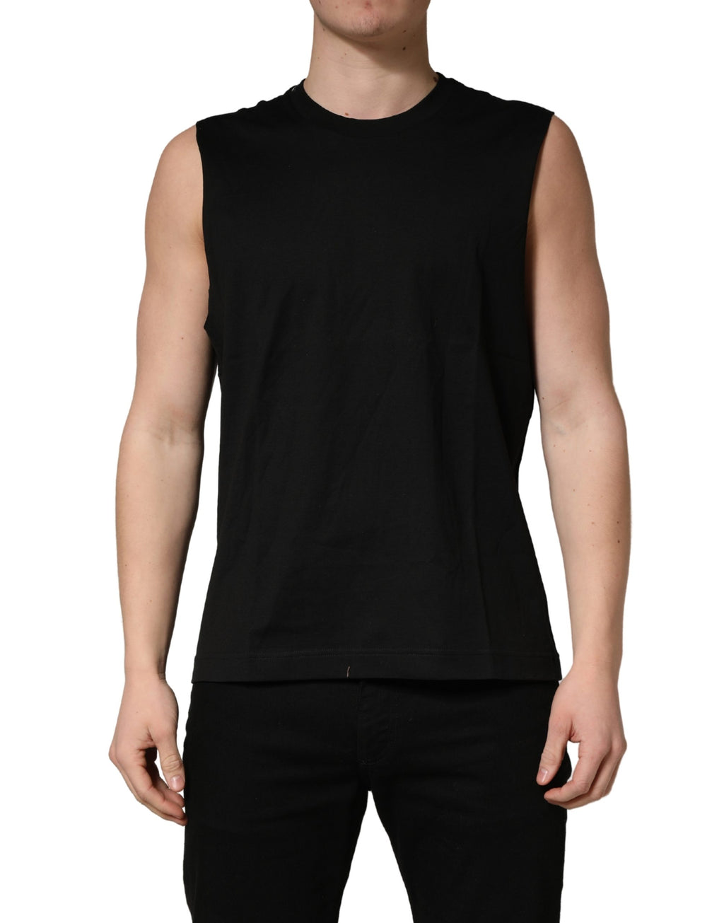 T-shirt sans manches noir Dolce & Gabbana à col rond, style décontracté et moderne, vue de face.