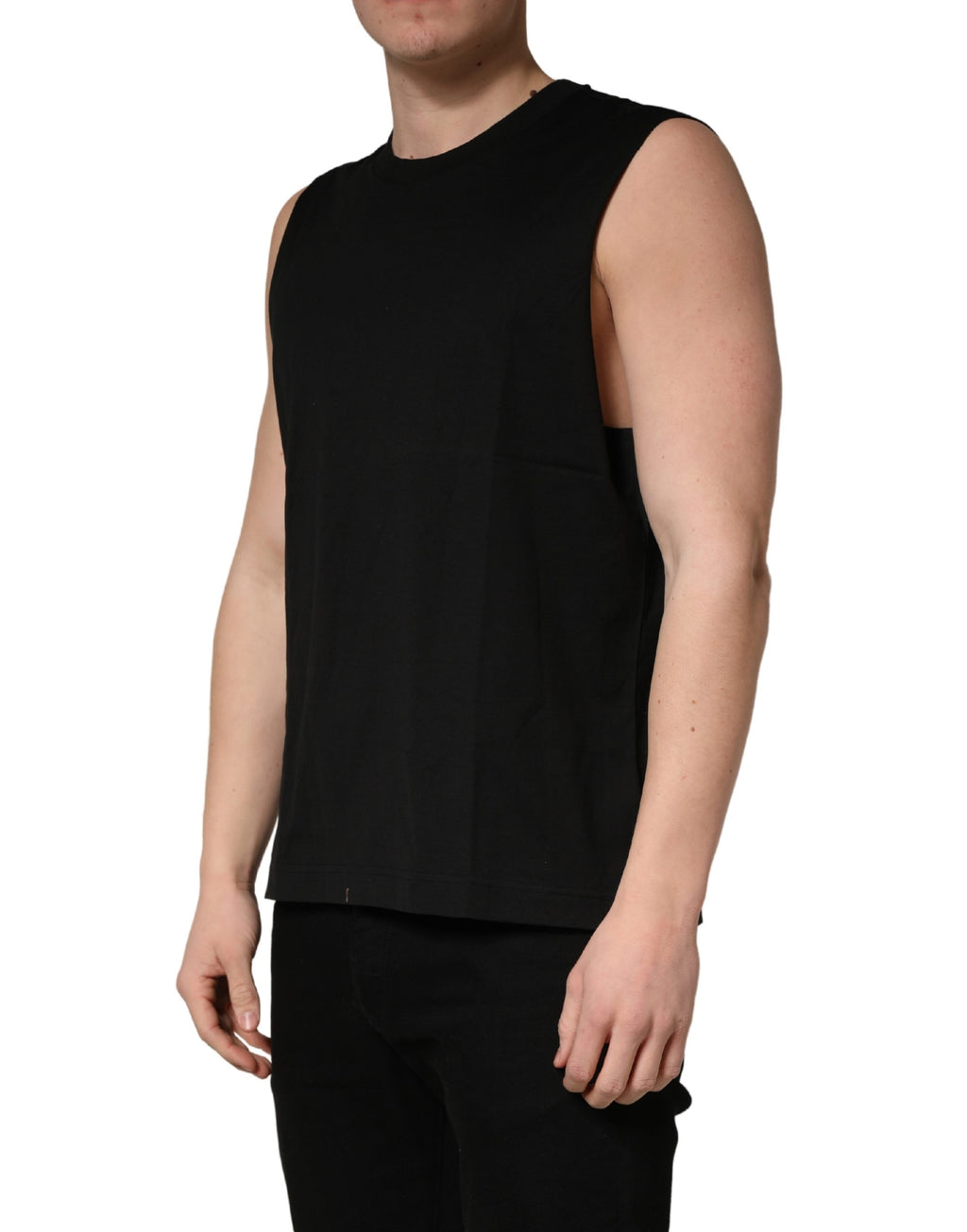 T-shirt sans manches Dolce & Gabbana noir à col rond, vue de face, en coton, style moderne et élégant.