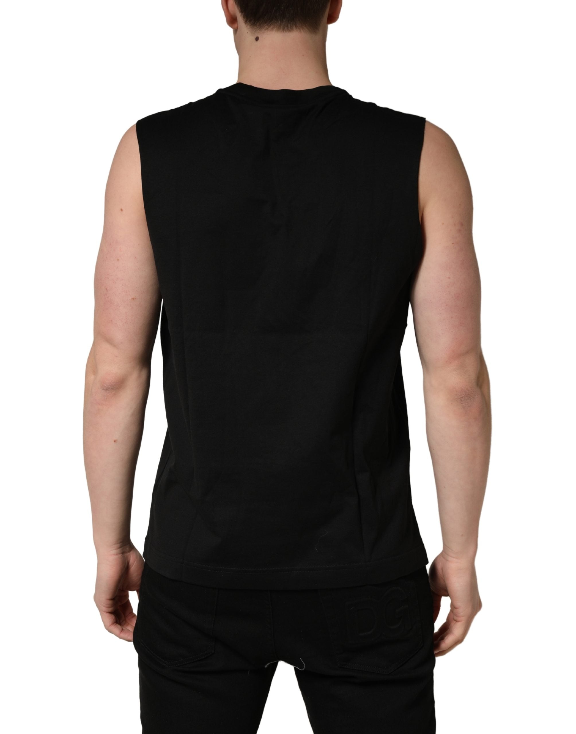 T-shirt sans manches noir Dolce & Gabbana à col rond, vue de face, en coton élégant et moderne.
