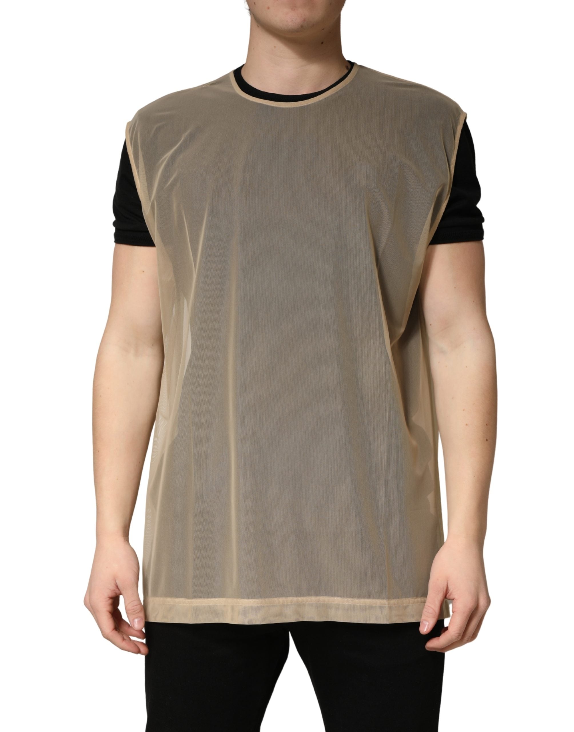 T-shirt sans manches beige Dolce & Gabbana en maille à col rond, vue détaillée du haut mode élégant.