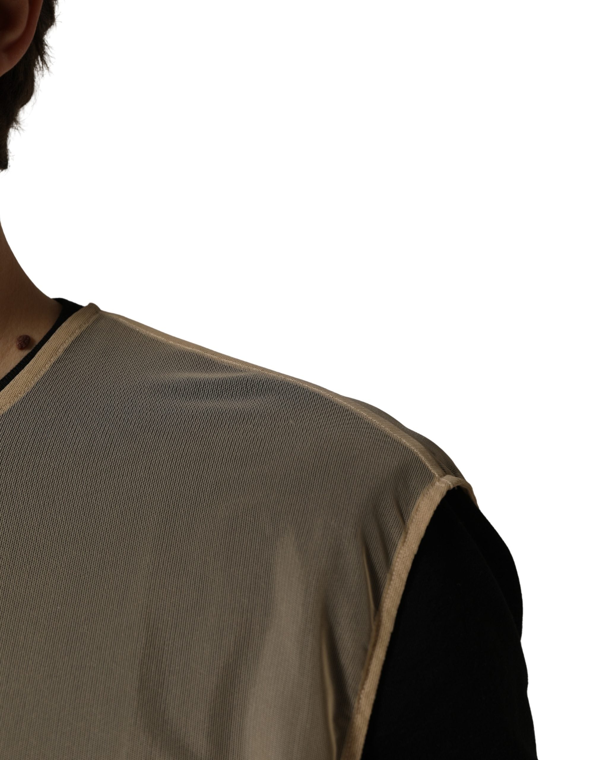 T-shirt sans manches en maille beige Dolce & Gabbana avec col rond, vue de face.
