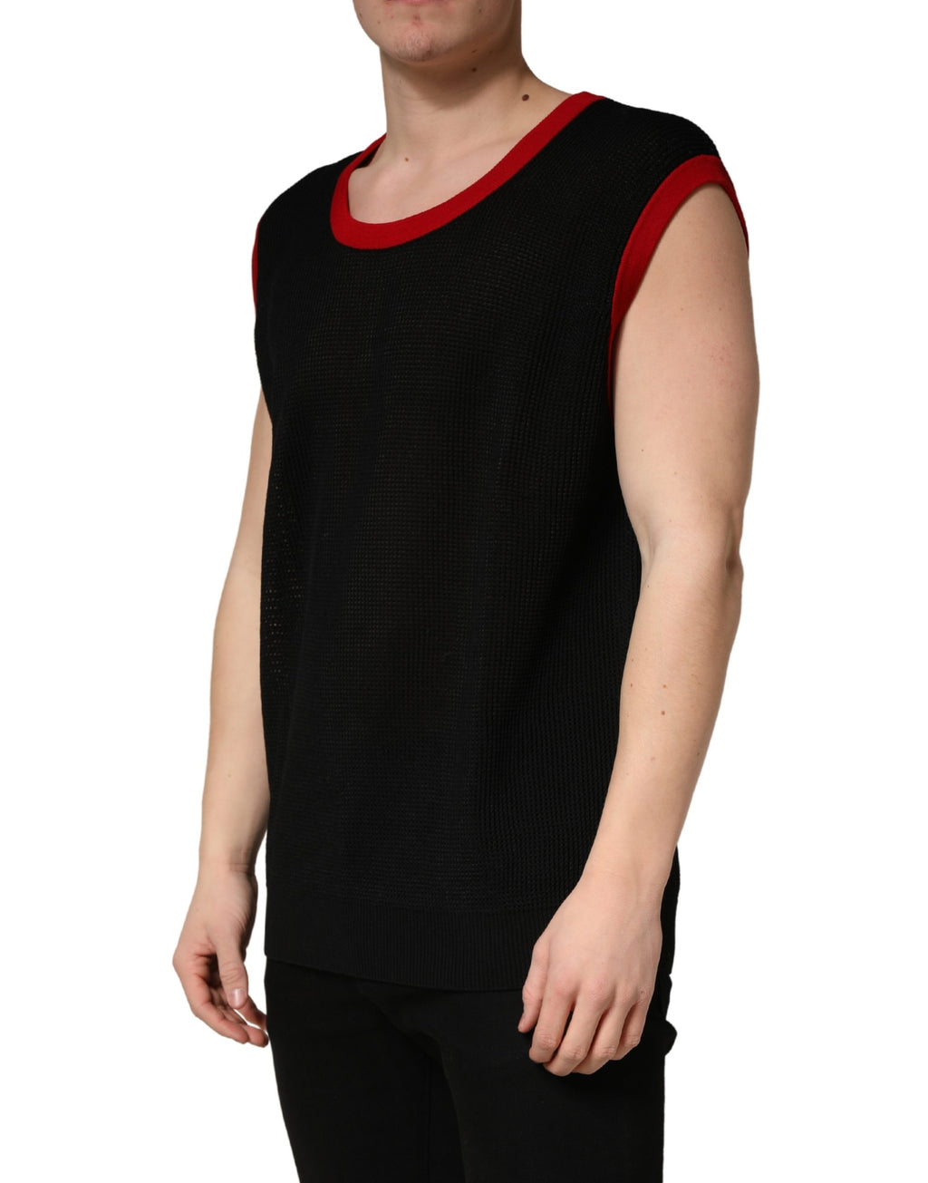 Pull sans manches noir Dolce & Gabbana, pull à col ras du cou pour homme, veste en tricot élégante, vue de face.