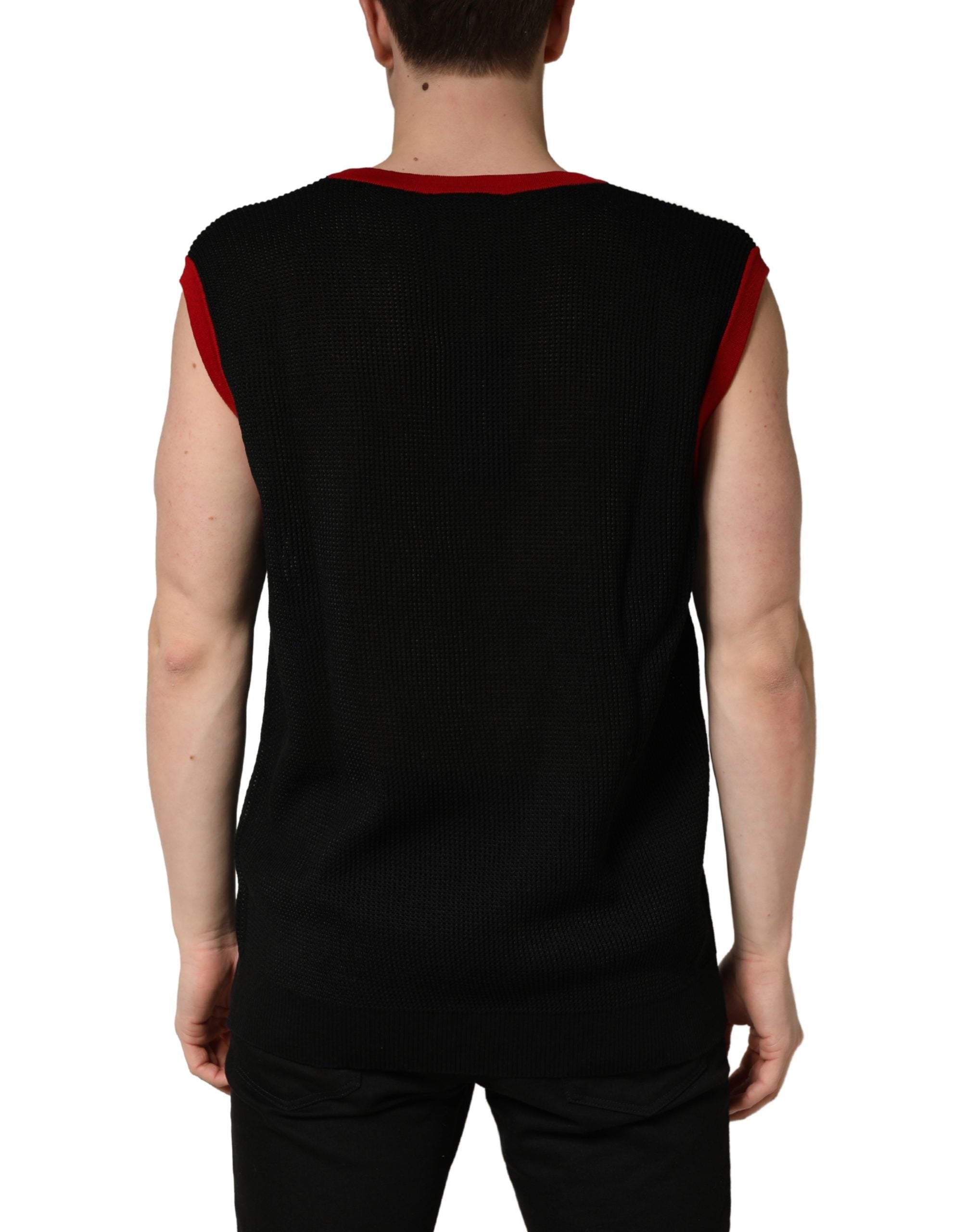 Pull sans manches noir Dolce & Gabbana, débardeur homme en maille à col rond, élégant et moderne.