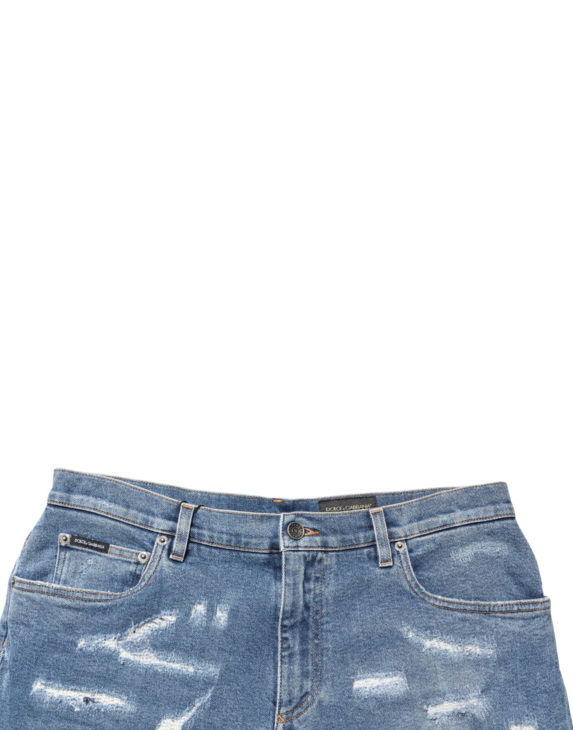 Shorts bermuda en jean bleu en coton Dolce & Gabbana avec détails déchirés, style décontracté pour homme.