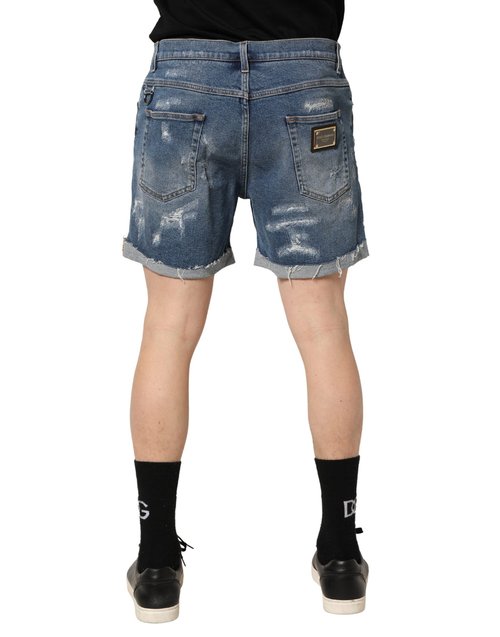 Shorts bermuda en denim bleu déchiré de Dolce & Gabbana, coton léger, style décontracté et tendance.