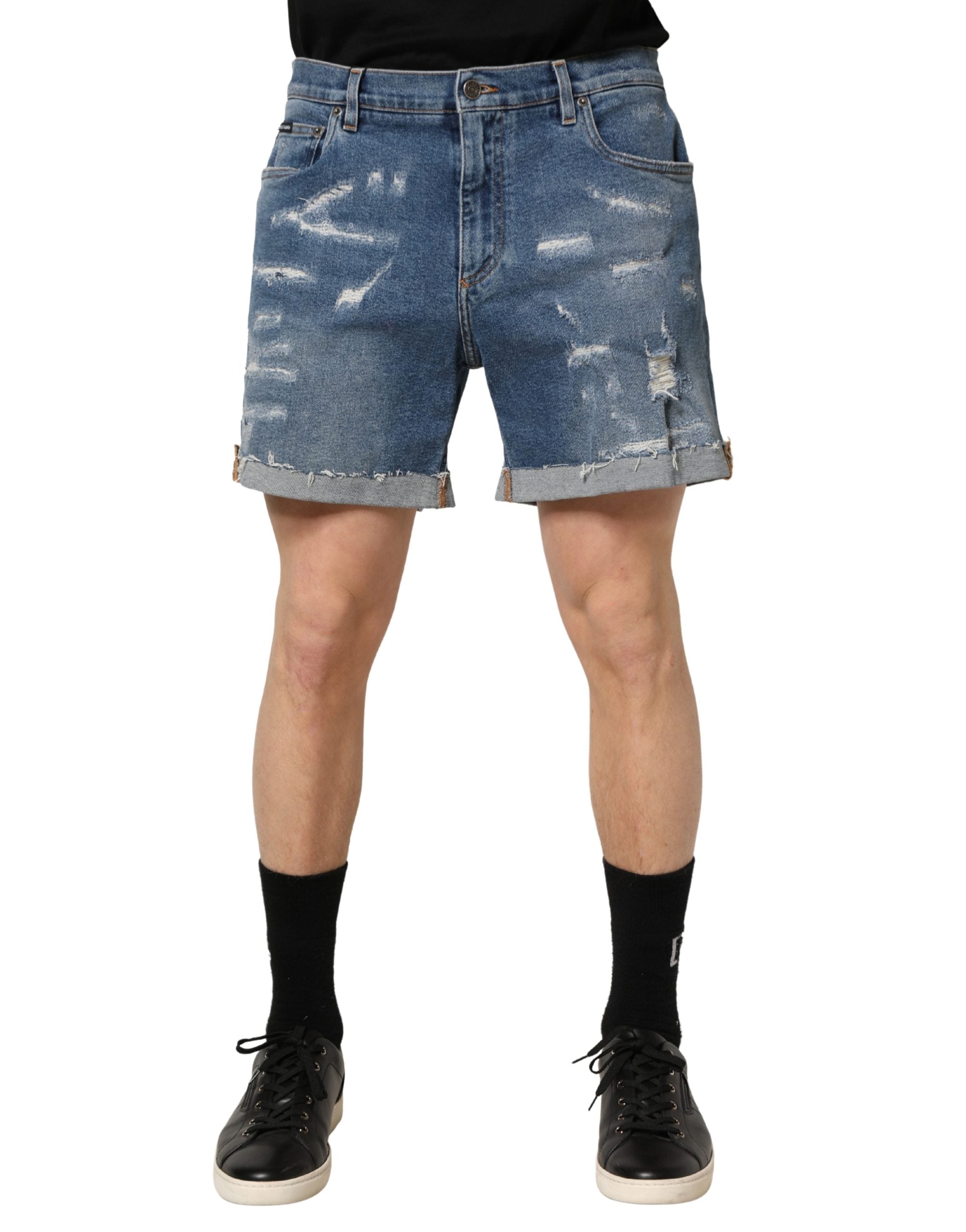 Shorts bermuda en denim bleu déchiré de Dolce & Gabbana, en coton, style décontracté et tendance.