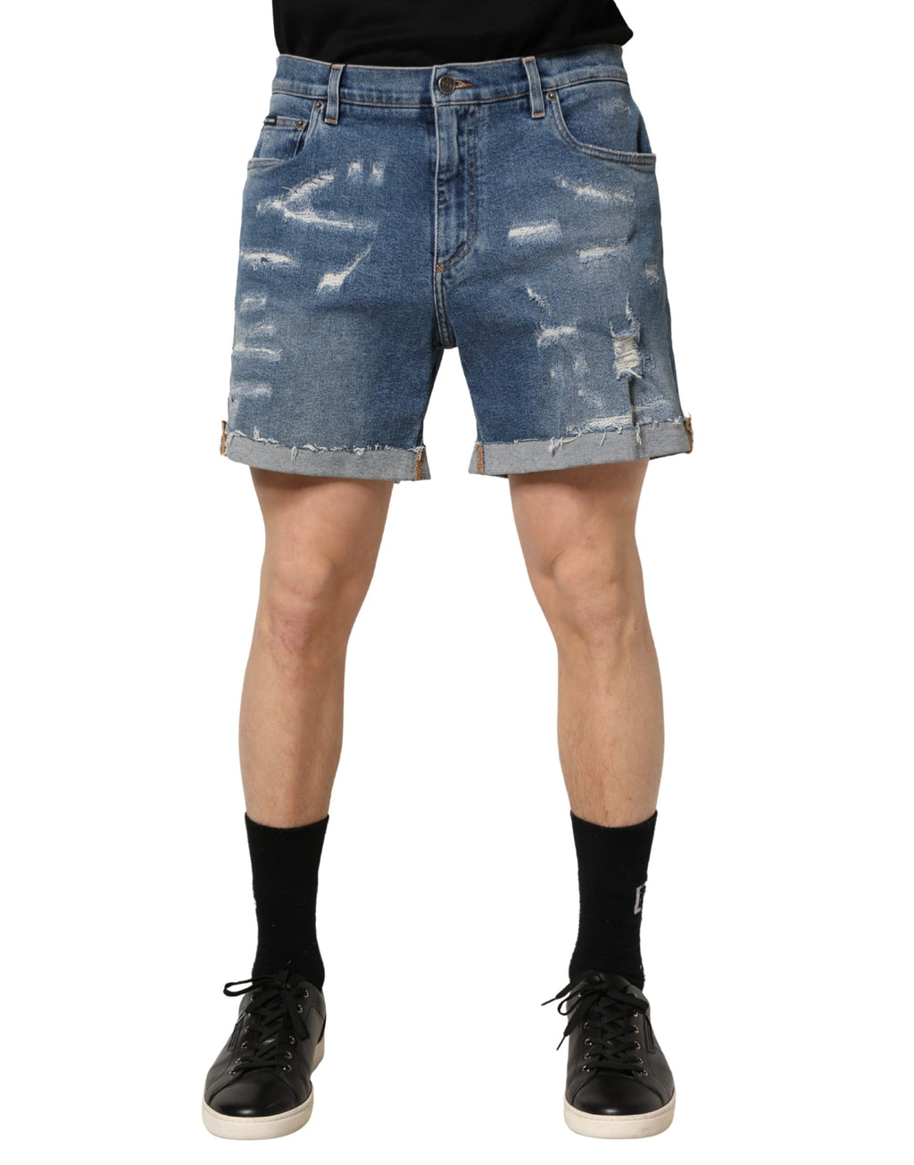 Shorts bermuda en denim bleu déchiré de Dolce & Gabbana en coton, style décontracté et tendance.