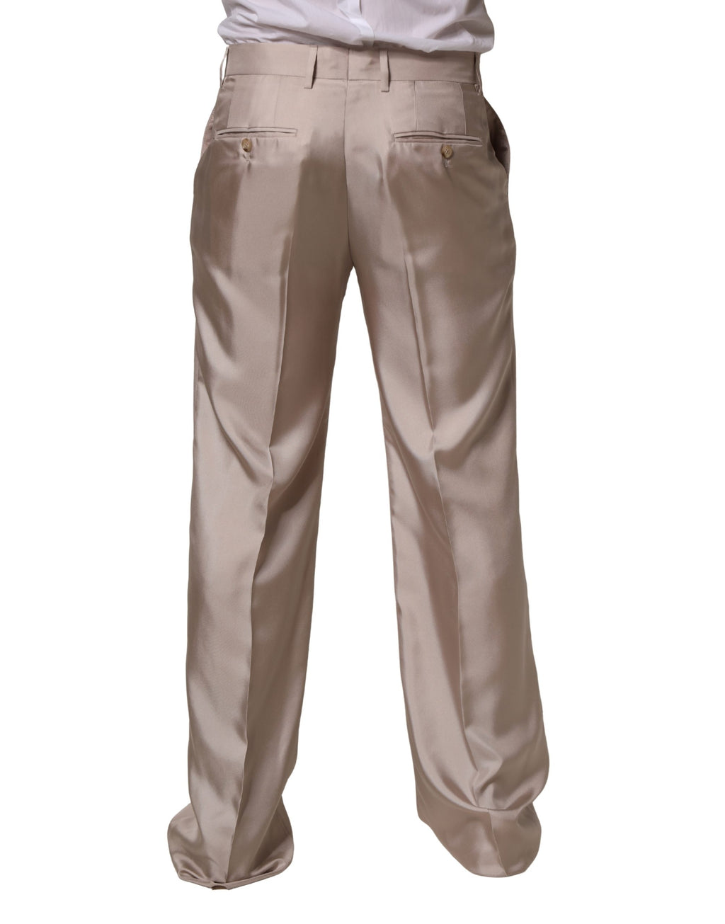 Pantalon formel en soie beige de Dolce & Gabbana, coupe droite, vêtement élégant pour occasions spéciales.
