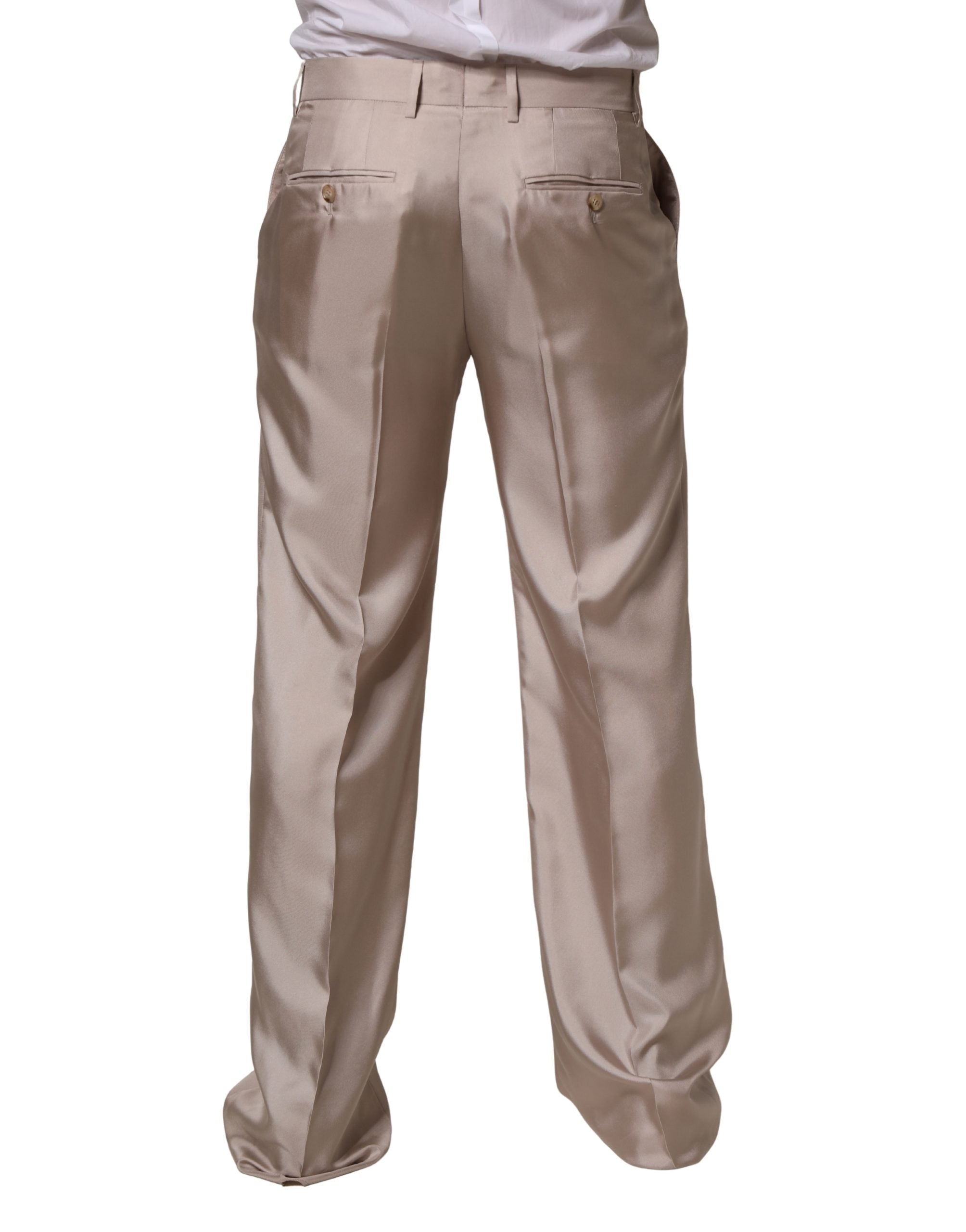 Pantalon formel en soie beige de Dolce & Gabbana, coupe droite, vêtement élégant pour occasions spéciales.