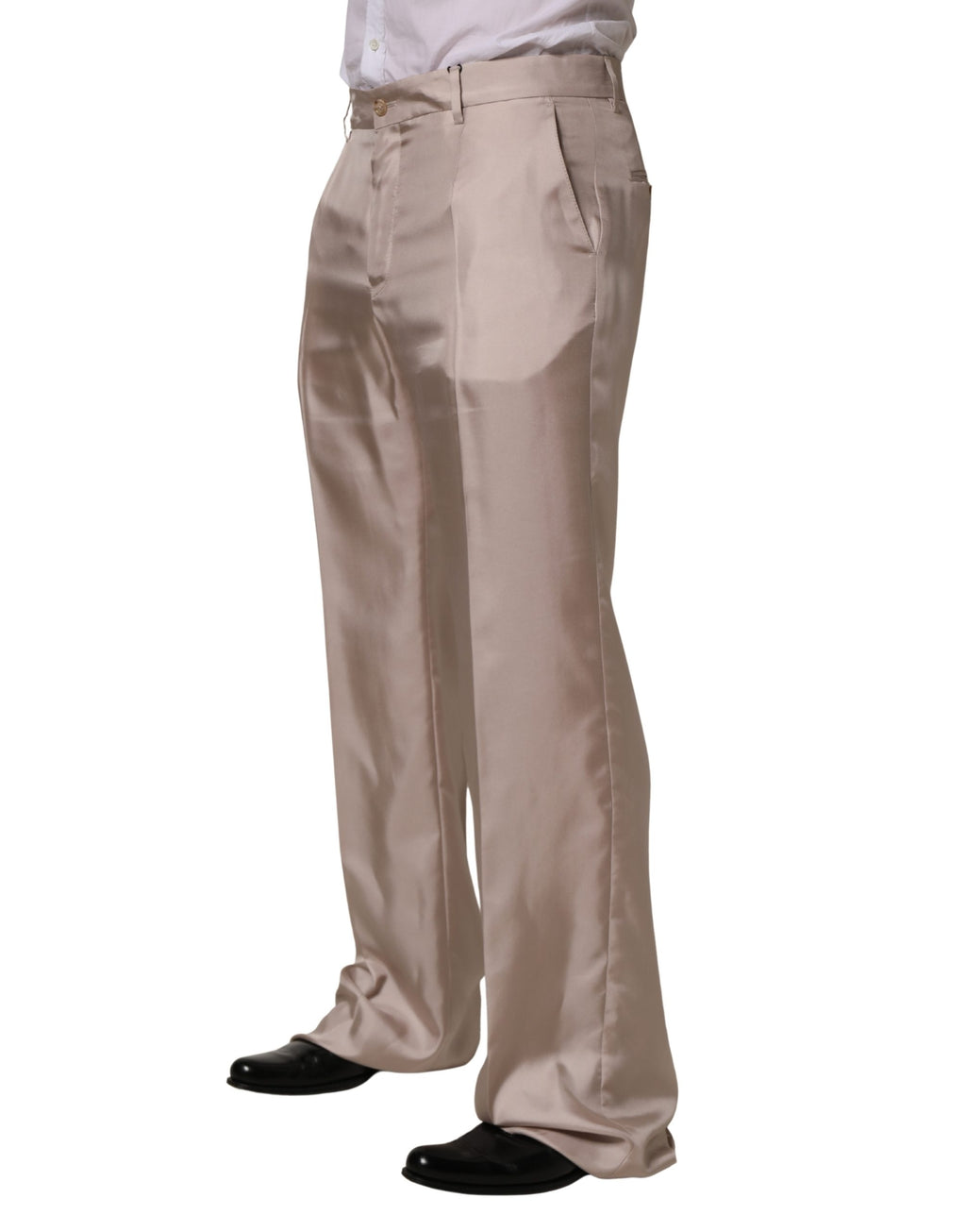Pantalon formel en soie beige de Dolce & Gabbana, coupe droite, élégant et sophistiqué, idéal pour occasions formelles.