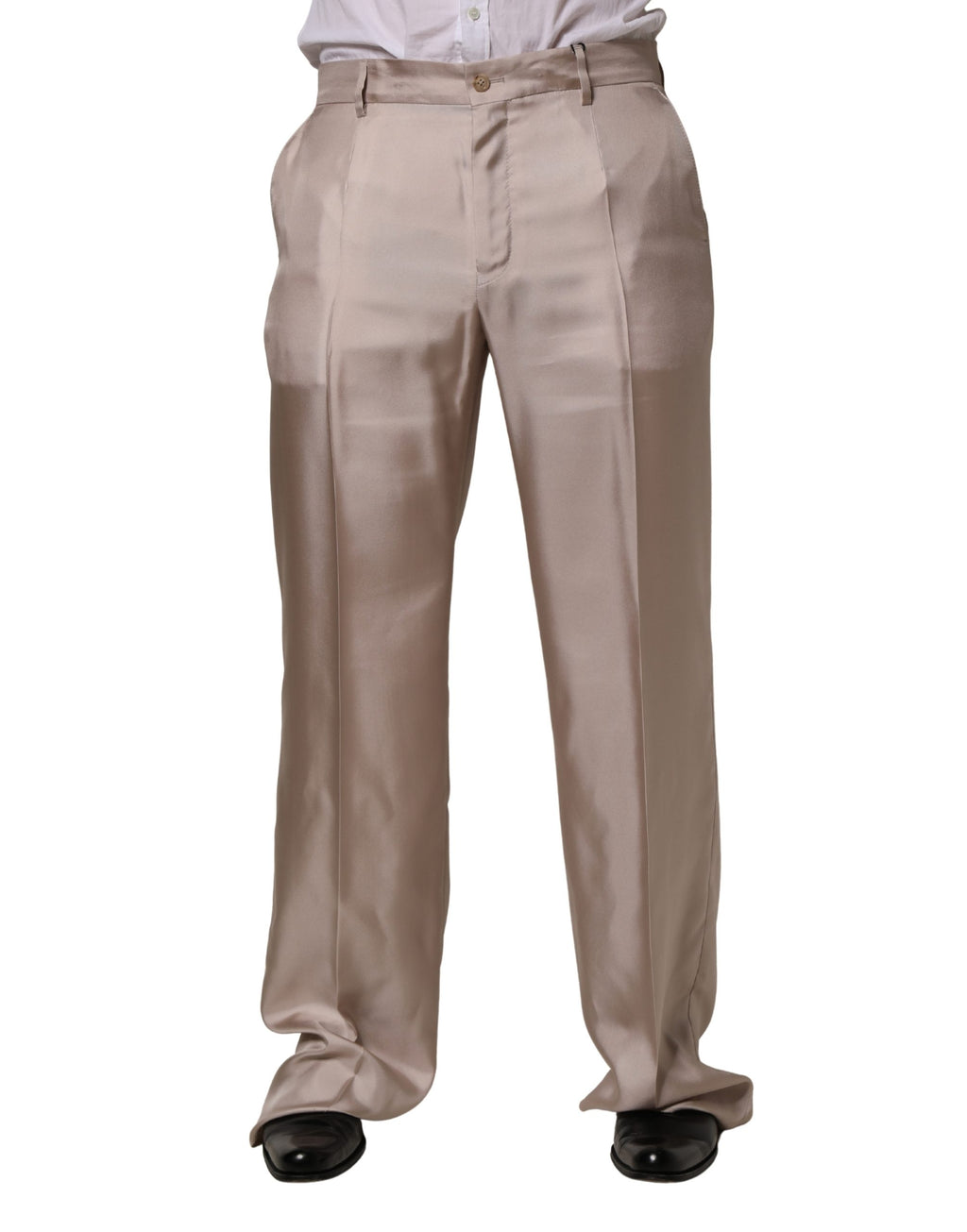 Pantalon formel en soie beige Dolce & Gabbana, coupe droite, élégant et sophistiqué, visible sur un fond neutre.