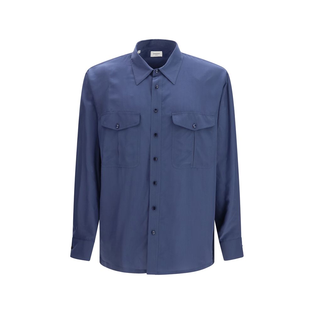 Chemise bleue en viscose de la marque Saint Laurent, coupe élégante, col classique, détails soignés, pour homme.