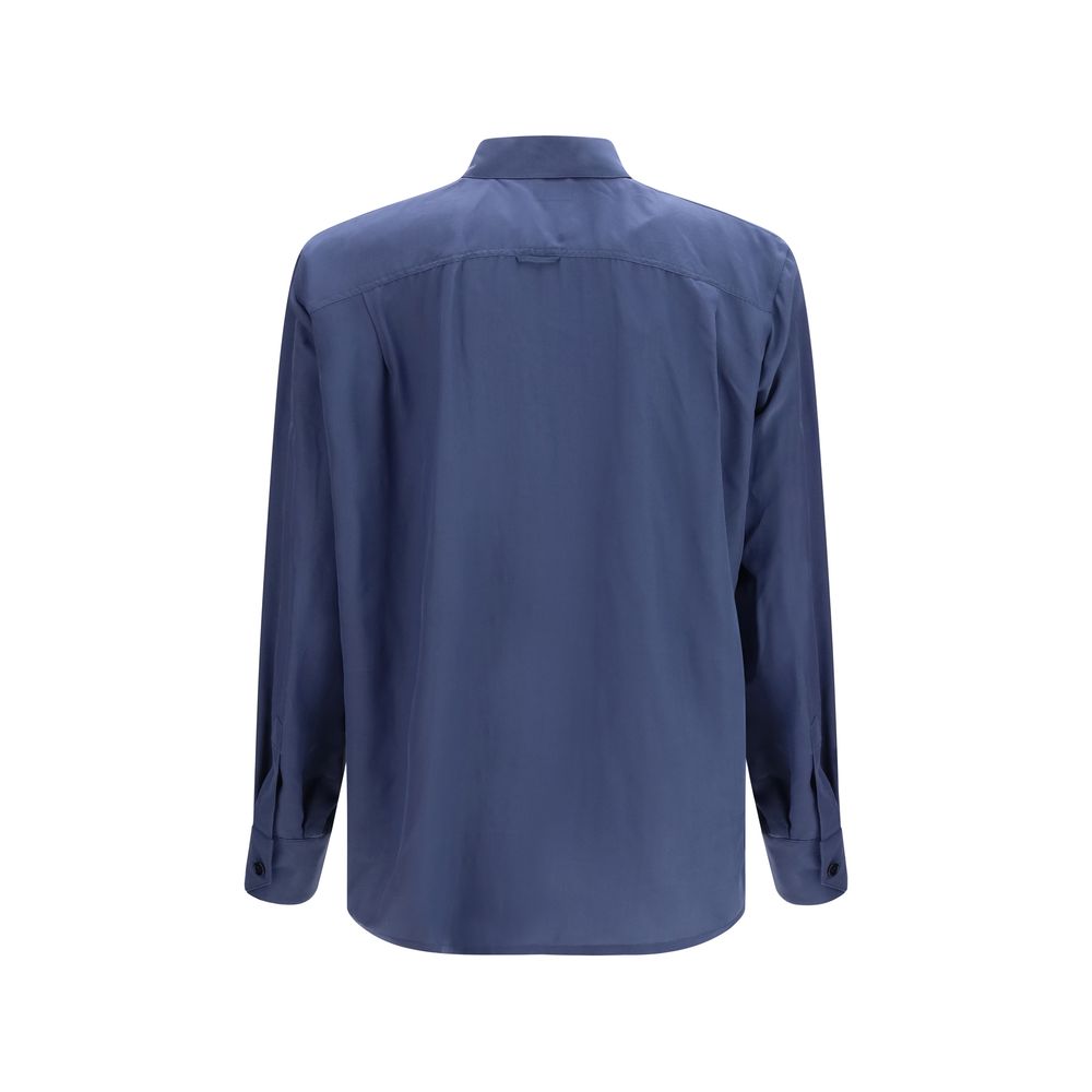 Chemise bleue en viscose de Saint Laurent, vue de face, avec col classique et manches longues, détails visibles.