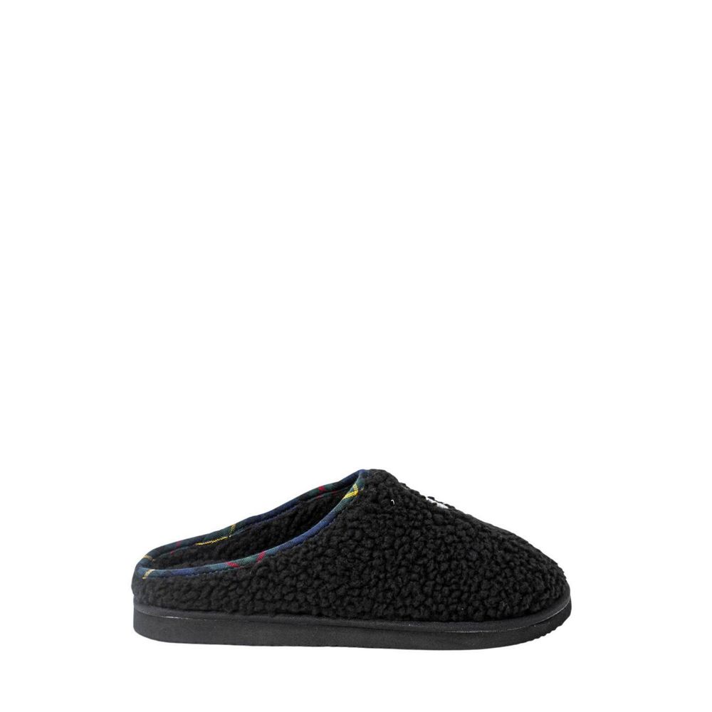 Chaussons en coton noirs Ralph Lauren, confortables et élégants pour la maison, avec logo Ralph Lauren visible.
