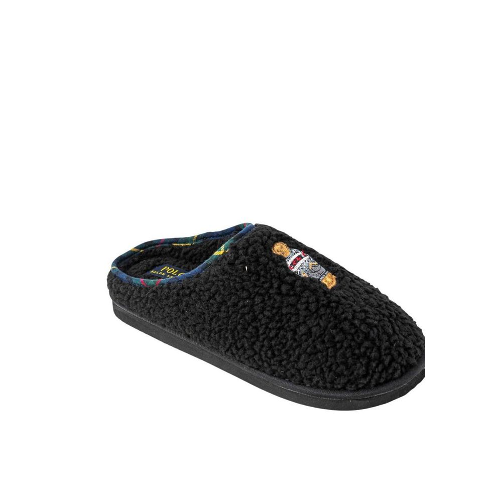 Chaussons en coton noir Ralph Lauren, confortables et élégants, avec logo Ralph Lauren visible sur le dessus.