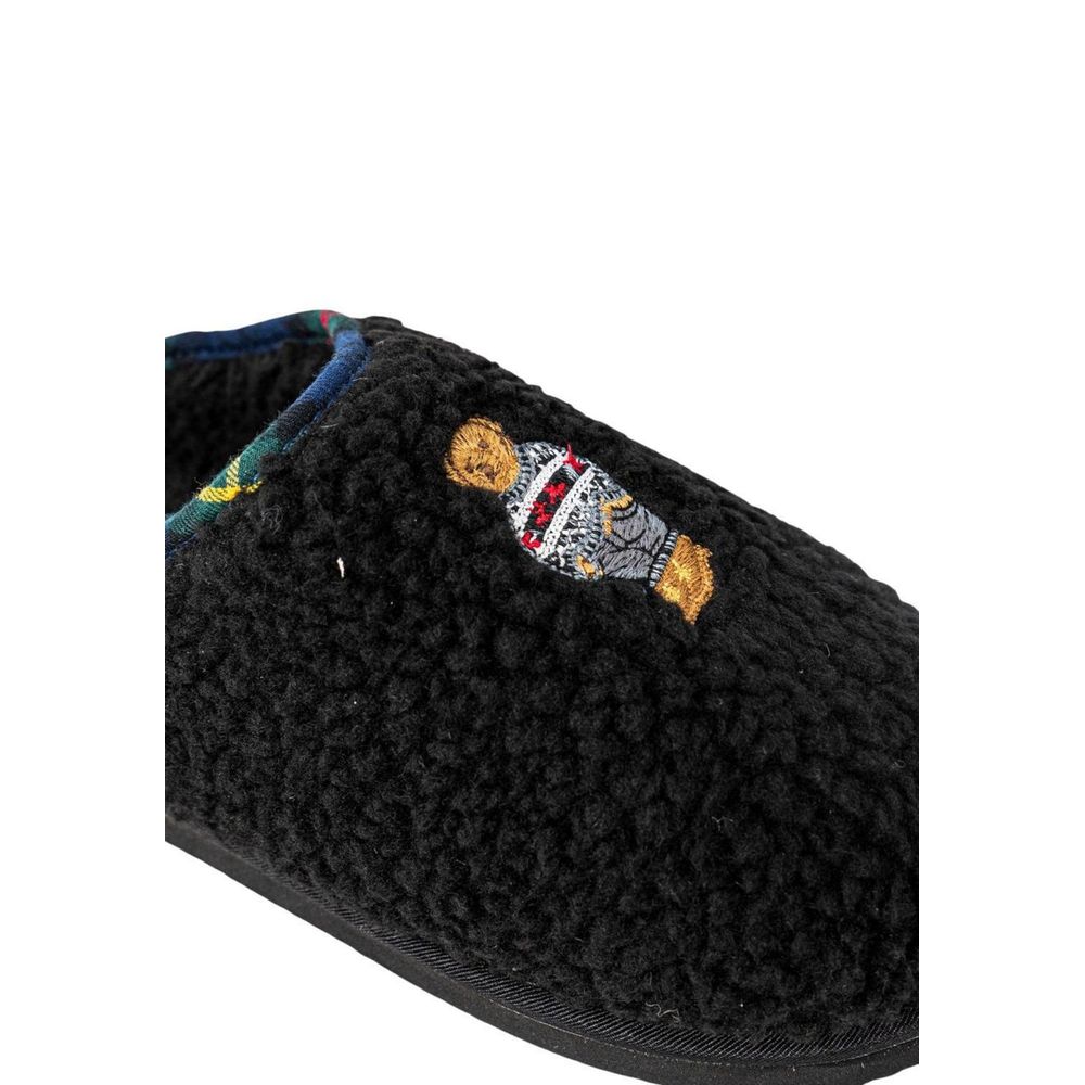 Pantoufles en coton noir Ralph Lauren, confortables et élégantes, avec logo Ralph Lauren visible sur le dessus.