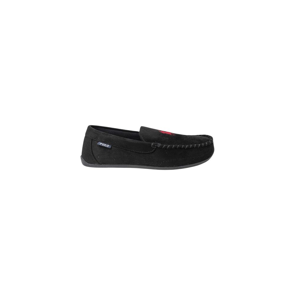 Chaussons Ralph Lauren en fausse fourrure noire, confortables et élégants, avec semelle douce et intérieur chaud.
