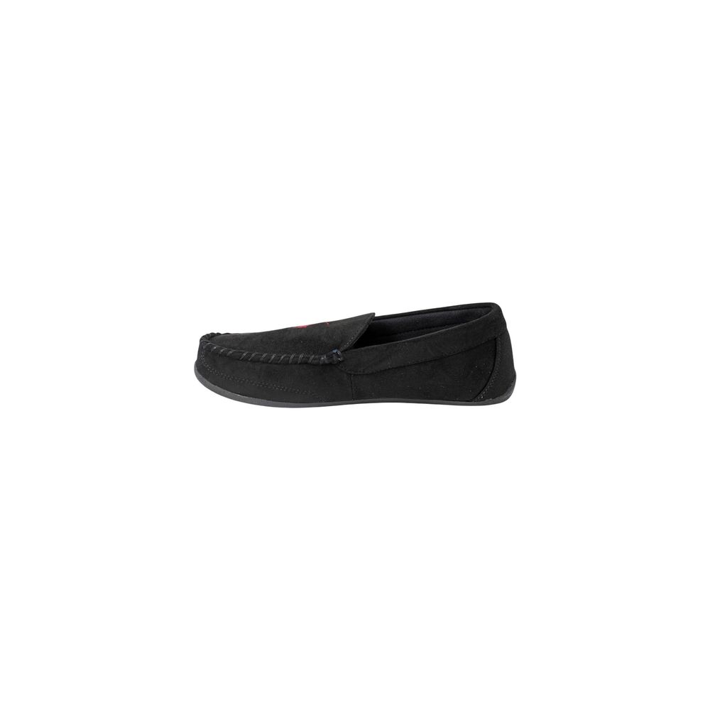 Chaussons Ralph Lauren en fausse fourrure noire, confortables et élégants pour la maison.