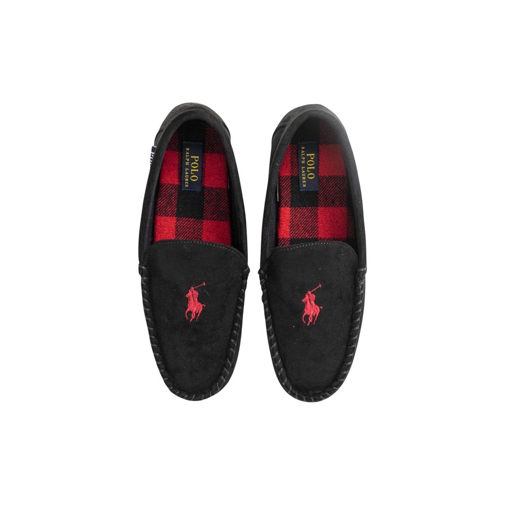 Chaussons Ralph Lauren en fausse fourrure noire, confortables et élégants, avec intérieur douillet et semelle antidérapante.