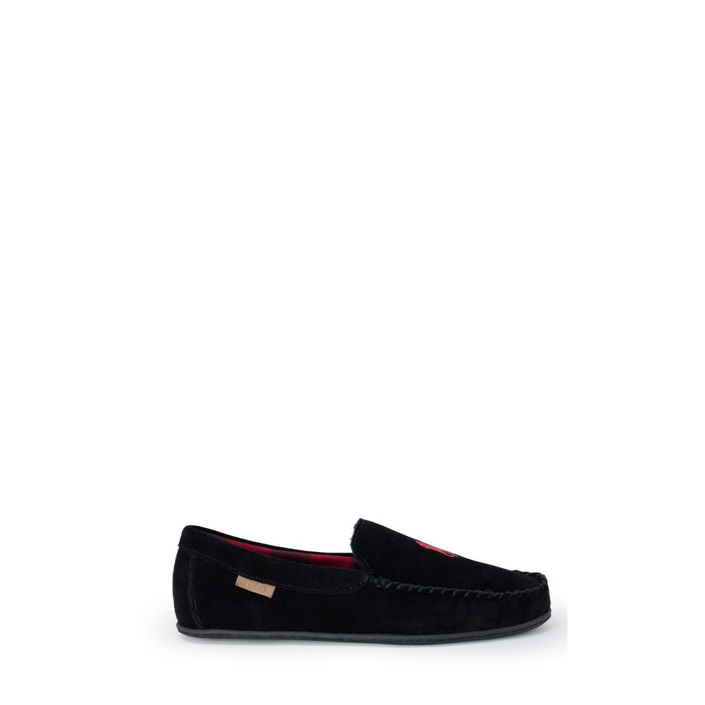 Chaussons en fausse fourrure noire Ralph Lauren, confortables et élégants, idéaux pour la maison.