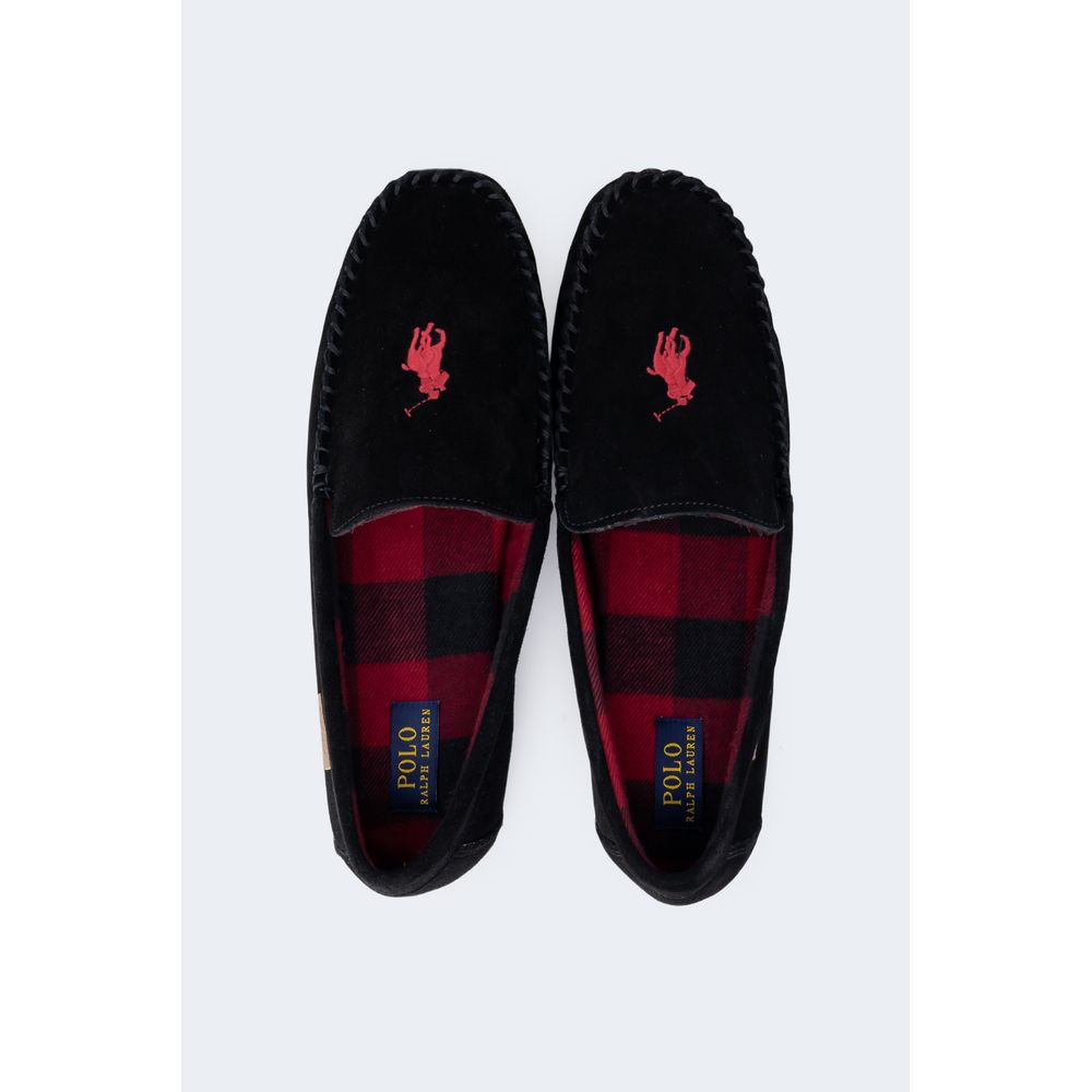 Chaussons en fausse fourrure noire Ralph Lauren pour homme ou femme, confortables et élégants, vue de dessus.