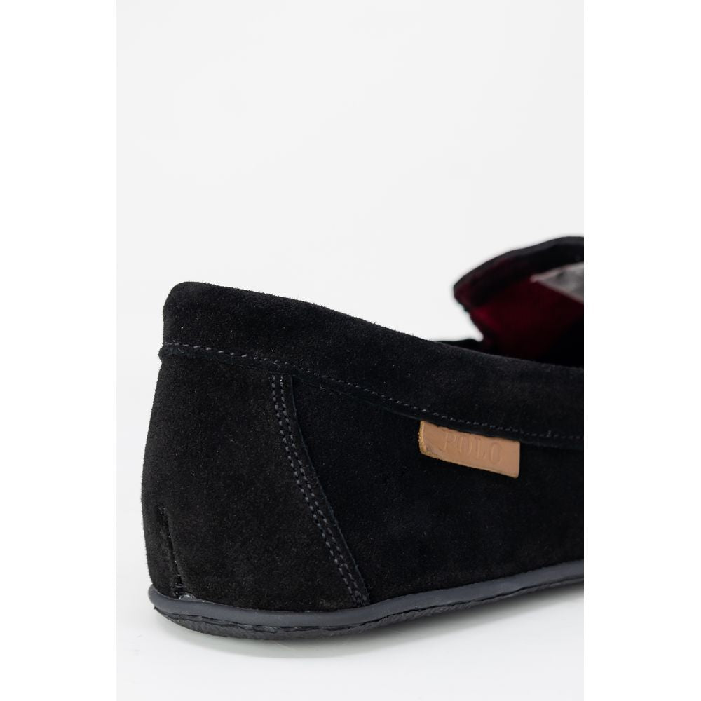 Pantoufles en fausse fourrure noire Ralph Lauren, douceur et confort, intérieur rembourré, semelle antidérapante.