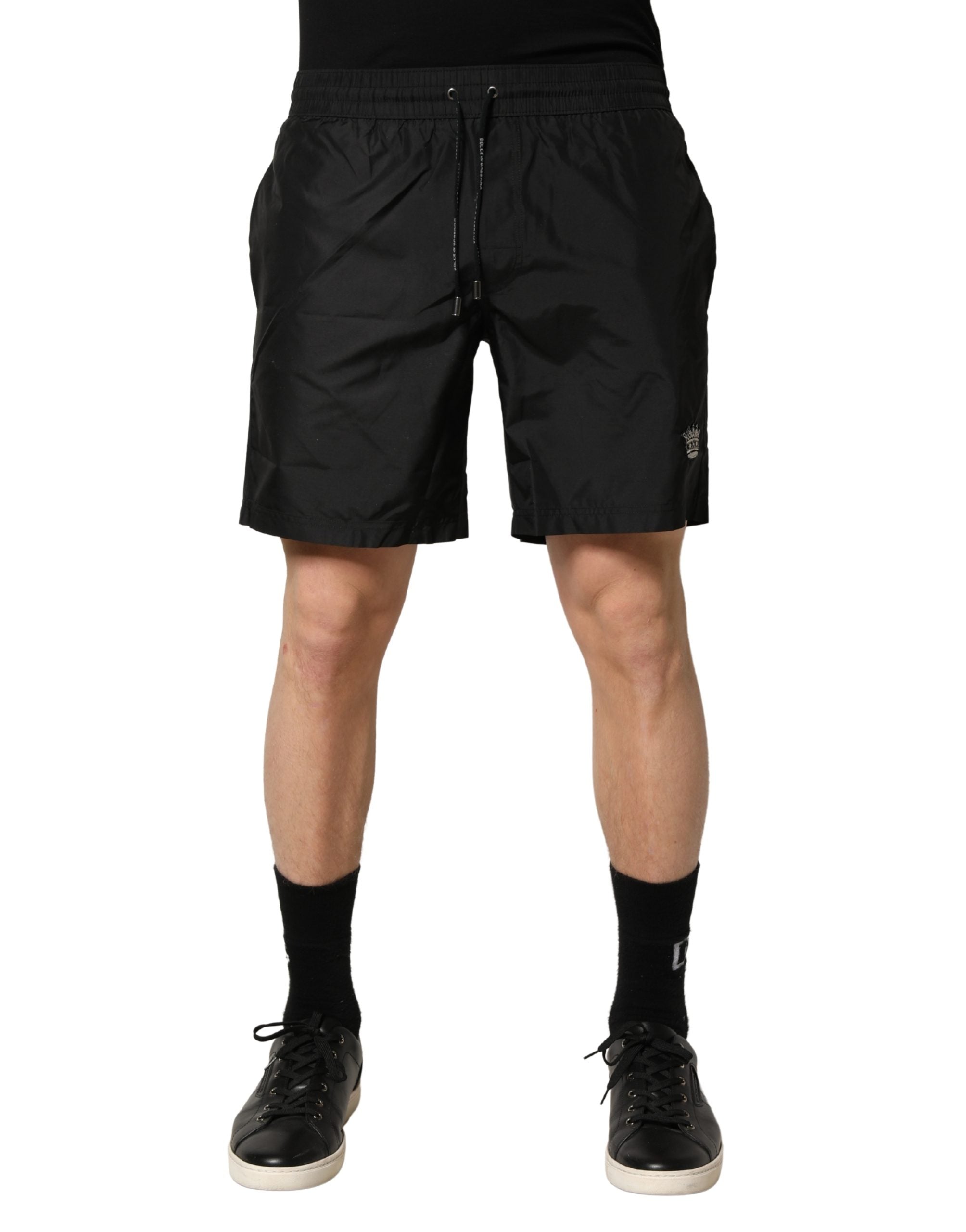Short de bain homme Dolce & Gabbana en polyester noir avec cordon de serrage, style décontracté et confortable.